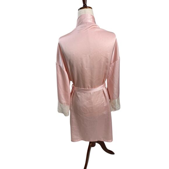Vtg Halston Blush Pink Robe White Lace Trim Coquette Satin Boudoir Lingerie L/XL - Picture 3 of 7